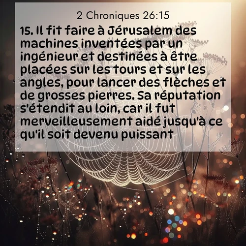 Segond21 2 Chroniques  ; image nature: image avec le verset biblique :Il fit faire à Jérusalem des machines inventées par un ingénieur et destinées à être placées sur les tours et sur les angles, pour lancer des flèches et de grosses pierres. Sa réputation s&#039;étendit au loin, car il fut merveilleusement aidé jusqu&#039;à ce qu&#039;il soit devenu puissant. ;  ; 26:15