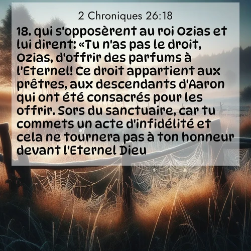 Segond21 2 Chroniques  ; image nature: image avec le verset biblique :qui s&#039;opposèrent au roi Ozias et lui dirent: «Tu n&#039;as pas le droit, Ozias, d&#039;offrir des parfums à l&#039;Eternel! Ce droit appartient aux prêtres, aux descendants d&#039;Aaron qui ont été consacrés pour les offrir. Sors du sanctuaire, car tu commets un acte d&#039;infidélité et cela ne tournera pas à ton honneur devant l&#039;Eternel Dieu.» ;  ; 26:18