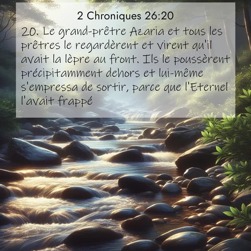Segond21 2 Chroniques  ; image nature: image avec le verset biblique :Le grand-prêtre Azaria et tous les prêtres le regardèrent et virent qu&#039;il avait la lèpre au front. Ils le poussèrent précipitamment dehors et lui-même s&#039;empressa de sortir, parce que l&#039;Eternel l&#039;avait frappé. ;  ; 26:20