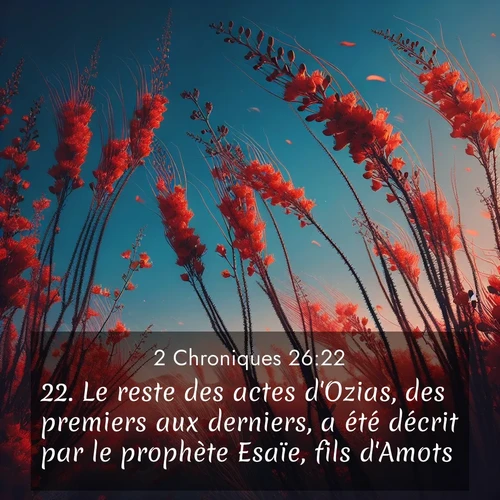Segond21 2 Chroniques  ; image nature: image avec le verset biblique :Le reste des actes d&#039;Ozias, des premiers aux derniers, a été décrit par le prophète Esaïe, fils d&#039;Amots. ;  ; 26:22