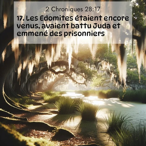 Segond21 2 Chroniques  ; image nature: image avec le verset biblique :Les Edomites étaient encore venus, avaient battu Juda et emmené des prisonniers. ;  ; 28:17