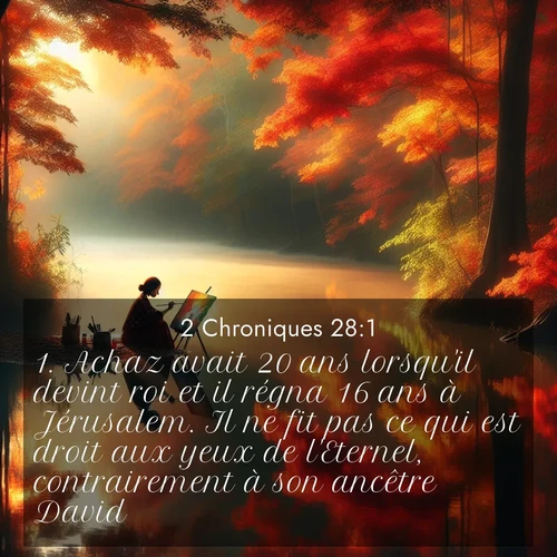 Segond21 2 Chroniques  ; image nature: image avec le verset biblique :Achaz avait 20 ans lorsqu&#039;il devint roi et il régna 16 ans à Jérusalem. Il ne fit pas ce qui est droit aux yeux de l&#039;Eternel, contrairement à son ancêtre David. ;  ; 28:1
