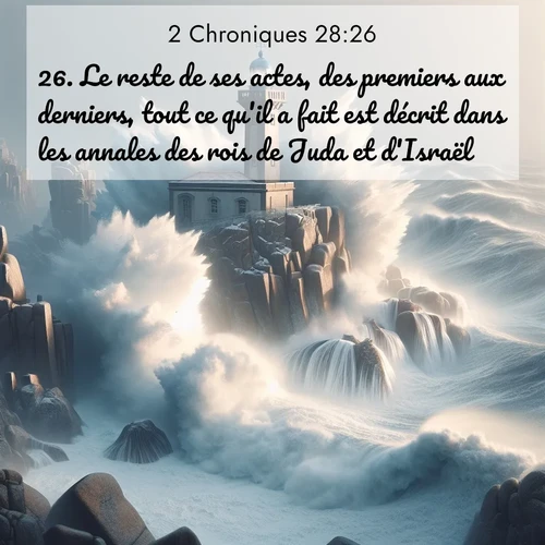 Segond21 2 Chroniques  ; image nature: image avec le verset biblique :Le reste de ses actes, des premiers aux derniers, tout ce qu&#039;il a fait est décrit dans les annales des rois de Juda et d&#039;Israël. ;  ; 28:26