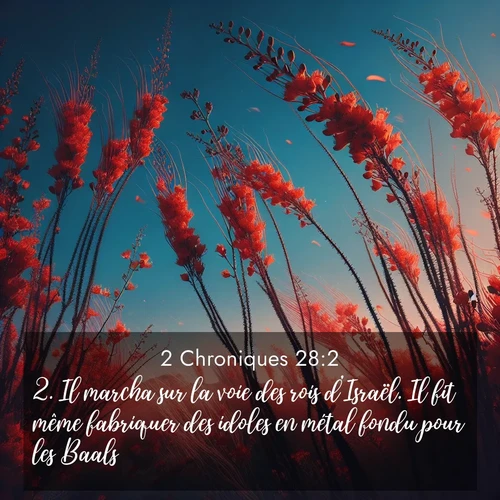 Segond21 2 Chroniques  ; image nature: image avec le verset biblique :Il marcha sur la voie des rois d&#039;Israël. Il fit même fabriquer des idoles en métal fondu pour les Baals, ;  ; 28:2