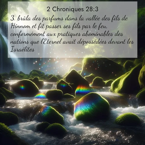 Segond21 2 Chroniques  ; image nature: image avec le verset biblique :brûla des parfums dans la vallée des fils de Hinnom et fit passer ses fils par le feu, conformément aux pratiques abominables des nations que l&#039;Eternel avait dépossédées devant les Israélites. ;  ; 28:3