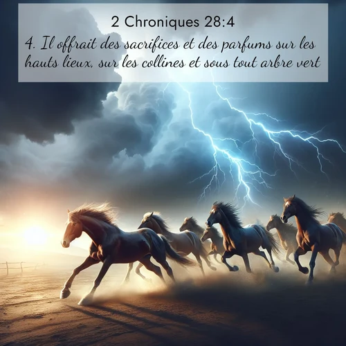 Segond21 2 Chroniques  ; image nature: image avec le verset biblique :Il offrait des sacrifices et des parfums sur les hauts lieux, sur les collines et sous tout arbre vert. ;  ; 28:4