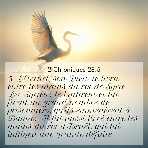 Segond21 2 Chroniques  ; image nature: image avec le verset biblique :L&#039;Eternel, son Dieu, le livra entre les mains du roi de Syrie. Les Syriens le battirent et lui firent un grand nombre de prisonniers, qu&#039;ils emmenèrent à Damas. Il fut aussi livré entre les mains du roi d&#039;Israël, qui lui infligea une grande défaite. ;  ; 28:5