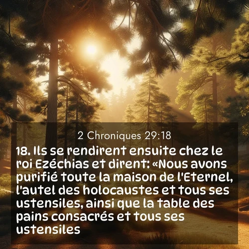 Segond21 2 Chroniques  ; image nature: image avec le verset biblique :Ils se rendirent ensuite chez le roi Ezéchias et dirent: «Nous avons purifié toute la maison de l&#039;Eternel, l&#039;autel des holocaustes et tous ses ustensiles, ainsi que la table des pains consacrés et tous ses ustensiles. ;  ; 29:18