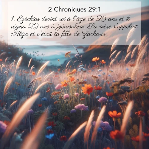 Segond21 2 Chroniques  ; image nature: image avec le verset biblique :Ezéchias devint roi à l&#039;âge de 25 ans et il régna 29 ans à Jérusalem. Sa mère s&#039;appelait Abija et c&#039;était la fille de Zacharie. ;  ; 29:1