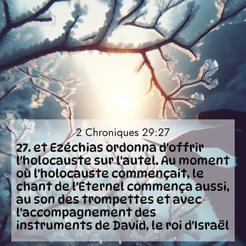 Segond21 2 Chroniques  ; image nature: image avec le verset biblique :et Ezéchias ordonna d&#039;offrir l&#039;holocauste sur l&#039;autel. Au moment où l&#039;holocauste commençait, le chant de l&#039;Eternel commença aussi, au son des trompettes et avec l&#039;accompagnement des instruments de David, le roi d&#039;Israël. ;  ; 29:27