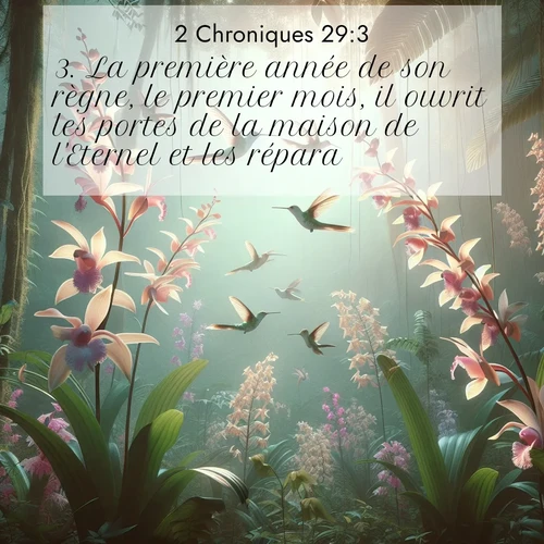 Segond21 2 Chroniques  ; image nature: image avec le verset biblique :La première année de son règne, le premier mois, il ouvrit les portes de la maison de l&#039;Eternel et les répara. ;  ; 29:3