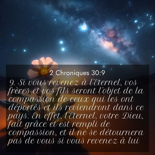 Segond21 2 Chroniques  ; image nature: image avec le verset biblique :Si vous revenez à l&#039;Eternel, vos frères et vos fils seront l&#039;objet de la compassion de ceux qui les ont déportés et ils reviendront dans ce pays. En effet, l&#039;Eternel, votre Dieu, fait grâce et est rempli de compassion, et il ne se détournera pas de vous si vous revenez à lui.» ;  ; 30:9