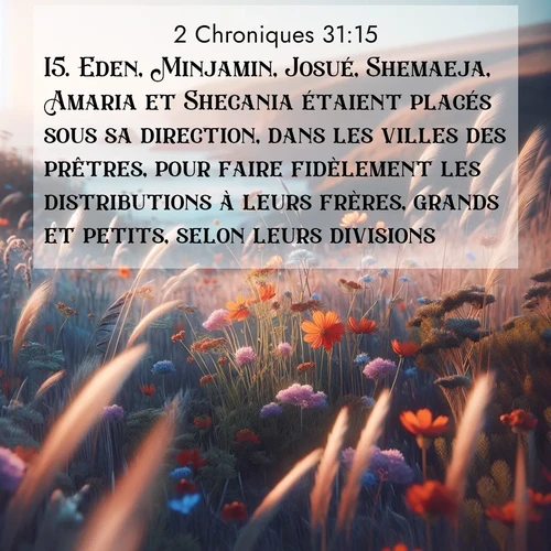 Segond21 2 Chroniques  ; image nature: image avec le verset biblique :Eden, Minjamin, Josué, Shemaeja, Amaria et Shecania étaient placés sous sa direction, dans les villes des prêtres, pour faire fidèlement les distributions à leurs frères, grands et petits, selon leurs divisions: ;  ; 31:15