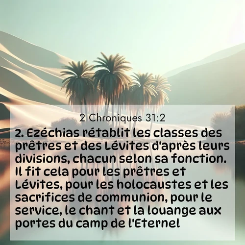 Segond21 2 Chroniques  ; image nature: image avec le verset biblique :Ezéchias rétablit les classes des prêtres et des Lévites d&#039;après leurs divisions, chacun selon sa fonction. Il fit cela pour les prêtres et Lévites, pour les holocaustes et les sacrifices de communion, pour le service, le chant et la louange aux portes du camp de l&#039;Eternel. ;  ; 31:2