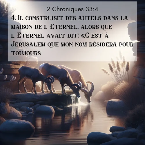 Segond21 2 Chroniques  ; image nature: image avec le verset biblique :Il construisit des autels dans la maison de l&#039;Eternel, alors que l&#039;Eternel avait dit: «C&#039;est à Jérusalem que mon nom résidera pour toujours.» ;  ; 33:4