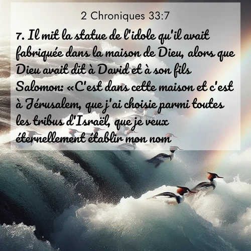 Segond21 2 Chroniques  ; image nature: image avec le verset biblique :Il mit la statue de l&#039;idole qu&#039;il avait fabriquée dans la maison de Dieu, alors que Dieu avait dit à David et à son fils Salomon: «C&#039;est dans cette maison et c&#039;est à Jérusalem, que j&#039;ai choisie parmi toutes les tribus d&#039;Israël, que je veux éternellement établir mon nom. ;  ; 33:7