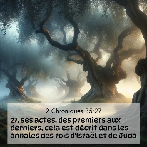 Segond21 2 Chroniques  ; image nature: image avec le verset biblique :ses actes, des premiers aux derniers, cela est décrit dans les annales des rois d&#039;Israël et de Juda. ;  ; 35:27