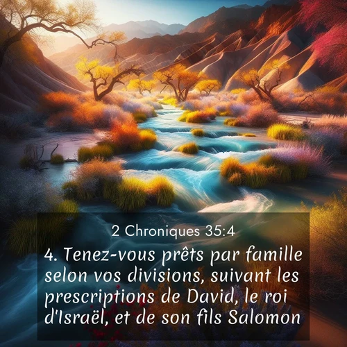 Segond21 2 Chroniques  ; image nature: image avec le verset biblique :Tenez-vous prêts par famille selon vos divisions, suivant les prescriptions de David, le roi d&#039;Israël, et de son fils Salomon. ;  ; 35:4