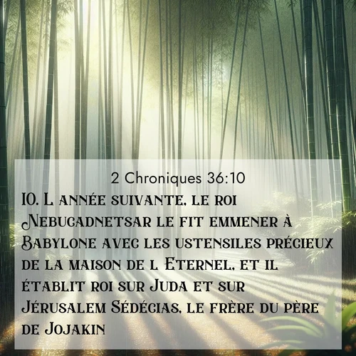 Segond21 2 Chroniques  ; image nature: image avec le verset biblique :L&#039;année suivante, le roi Nebucadnetsar le fit emmener à Babylone avec les ustensiles précieux de la maison de l&#039;Eternel, et il établit roi sur Juda et sur Jérusalem Sédécias, le frère du père de Jojakin. ;  ; 36:10
