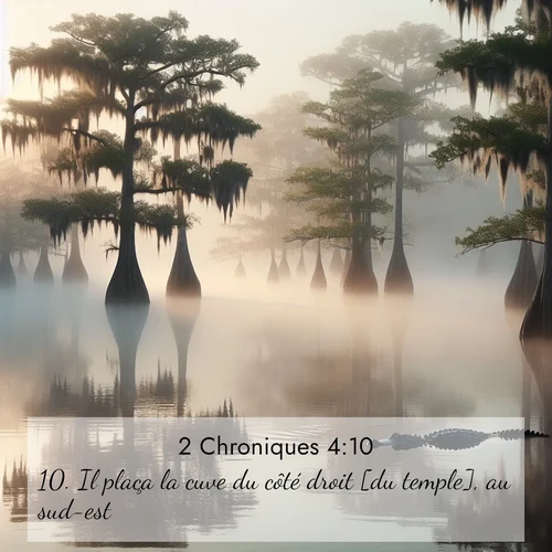 Segond21 2 Chroniques  ; image nature: image avec le verset biblique :Il plaça la cuve du côté droit [du temple], au sud-est. ;  ; 4:10