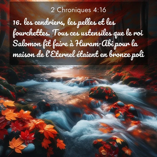 Segond21 2 Chroniques  ; image nature: image avec le verset biblique :les cendriers, les pelles et les fourchettes. Tous ces ustensiles que le roi Salomon fit faire à Huram-Abi pour la maison de l&#039;Eternel étaient en bronze poli. ;  ; 4:16
