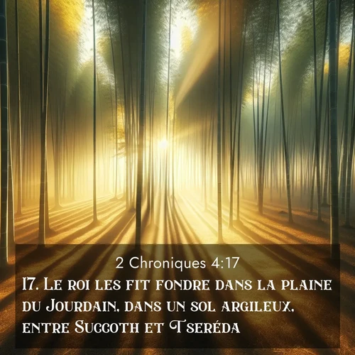 Segond21 2 Chroniques  ; image nature: image avec le verset biblique :Le roi les fit fondre dans la plaine du Jourdain, dans un sol argileux, entre Succoth et Tseréda. ;  ; 4:17