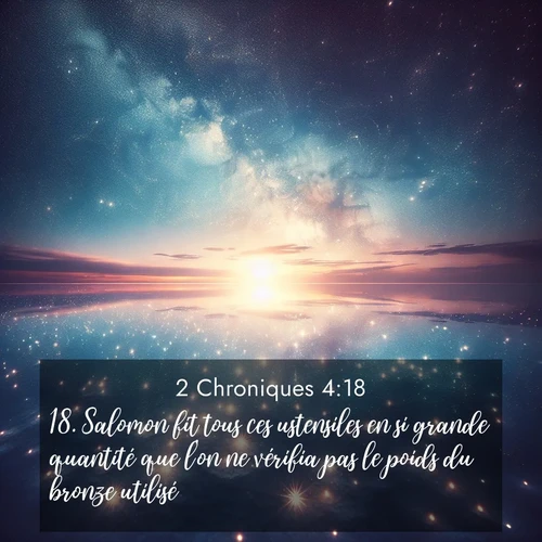 Segond21 2 Chroniques  ; image nature: image avec le verset biblique :Salomon fit tous ces ustensiles en si grande quantité que l&#039;on ne vérifia pas le poids du bronze utilisé. ;  ; 4:18