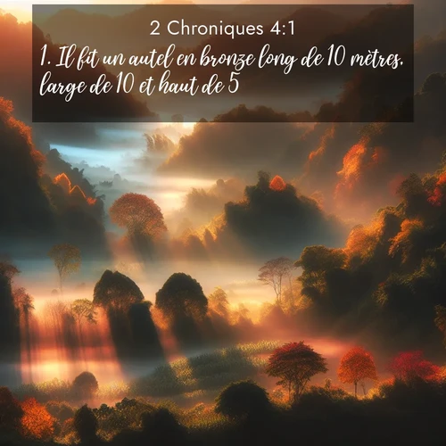 Segond21 2 Chroniques  ; image nature: image avec le verset biblique :Il fit un autel en bronze long de 10 mètres, large de 10 et haut de 5. ;  ; 4:1