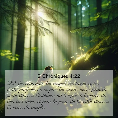 Segond21 2 Chroniques  ; image nature: image avec le verset biblique :les couteaux, les coupes, les tasses et les brûle-parfums en or pur; les gonds en or pour la porte située à l&#039;intérieur du temple, à l&#039;entrée du lieu très saint, et pour la porte de la salle située à l&#039;entrée du temple. ;  ; 4:22