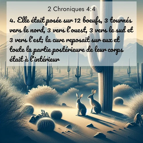Segond21 2 Chroniques  ; image nature: image avec le verset biblique :Elle était posée sur 12 boeufs, 3 tournés vers le nord, 3 vers l&#039;ouest, 3 vers le sud et 3 vers l&#039;est; la cuve reposait sur eux et toute la partie postérieure de leur corps était à l&#039;intérieur. ;  ; 4:4
