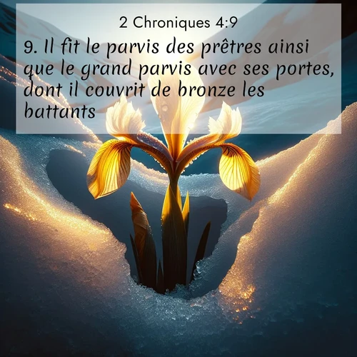 Segond21 2 Chroniques  ; image nature: image avec le verset biblique :Il fit le parvis des prêtres ainsi que le grand parvis avec ses portes, dont il couvrit de bronze les battants. ;  ; 4:9