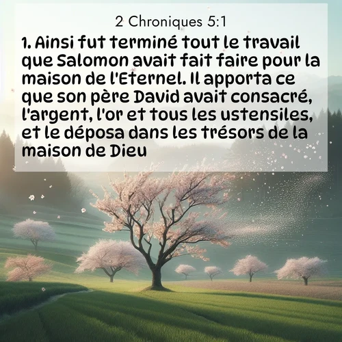 Segond21 2 Chroniques  ; image nature: image avec le verset biblique :Ainsi fut terminé tout le travail que Salomon avait fait faire pour la maison de l&#039;Eternel. Il apporta ce que son père David avait consacré, l&#039;argent, l&#039;or et tous les ustensiles, et le déposa dans les trésors de la maison de Dieu. ;  ; 5:1
