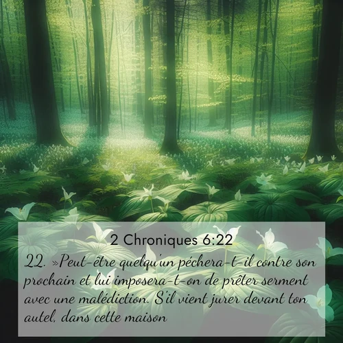 Segond21 2 Chroniques  ; image nature: image avec le verset biblique :»Peut-être quelqu&#039;un péchera-t-il contre son prochain et lui imposera-t-on de prêter serment avec une malédiction. S&#039;il vient jurer devant ton autel, dans cette maison, ;  ; 6:22
