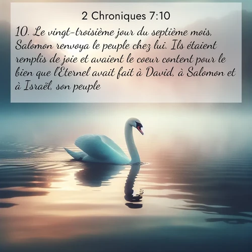 Segond21 2 Chroniques  ; image nature: image avec le verset biblique :Le vingt-troisième jour du septième mois, Salomon renvoya le peuple chez lui. Ils étaient remplis de joie et avaient le coeur content pour le bien que l&#039;Eternel avait fait à David, à Salomon et à Israël, son peuple. ;  ; 7:10