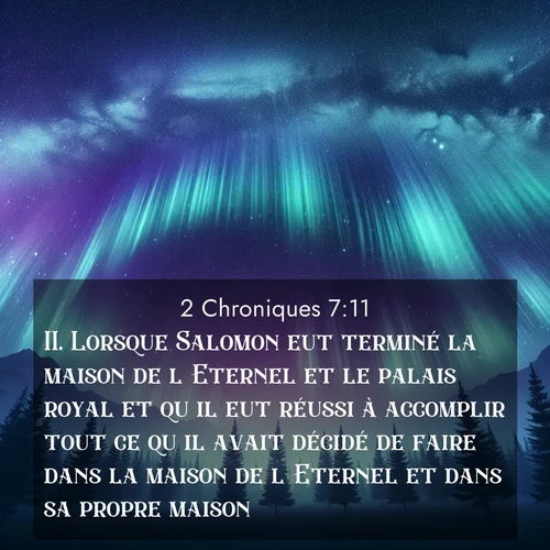 Segond21 2 Chroniques  ; image nature: image avec le verset biblique :Lorsque Salomon eut terminé la maison de l&#039;Eternel et le palais royal et qu&#039;il eut réussi à accomplir tout ce qu&#039;il avait décidé de faire dans la maison de l&#039;Eternel et dans sa propre maison, ;  ; 7:11