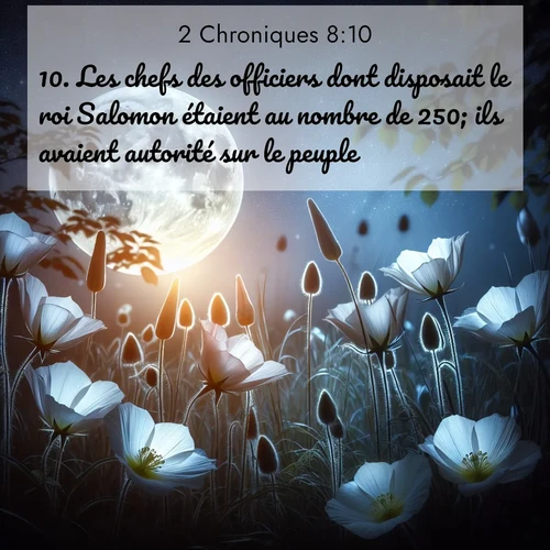 Segond21 2 Chroniques  ; image nature: image avec le verset biblique :Les chefs des officiers dont disposait le roi Salomon étaient au nombre de 250; ils avaient autorité sur le peuple. ;  ; 8:10