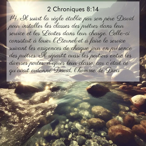 Segond21 2 Chroniques  ; image nature: image avec le verset biblique :Il suivit la règle établie par son père David pour installer les classes des prêtres dans leur service et les Lévites dans leur charge. Celle-ci consistait à louer l&#039;Eternel et à faire le service suivant les exigences de chaque jour en présence des prêtres. Il répartit aussi les portiers entre les diverses portes, d&#039;après leur classe, car c&#039;était ce qu&#039;avait ordonné David, l&#039;homme de Dieu. ;  ; 8:14