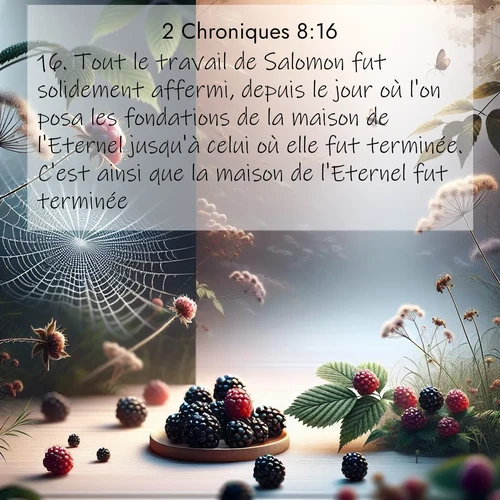 Segond21 2 Chroniques  ; image nature: image avec le verset biblique :Tout le travail de Salomon fut solidement affermi, depuis le jour où l&#039;on posa les fondations de la maison de l&#039;Eternel jusqu&#039;à celui où elle fut terminée. C&#039;est ainsi que la maison de l&#039;Eternel fut terminée. ;  ; 8:16