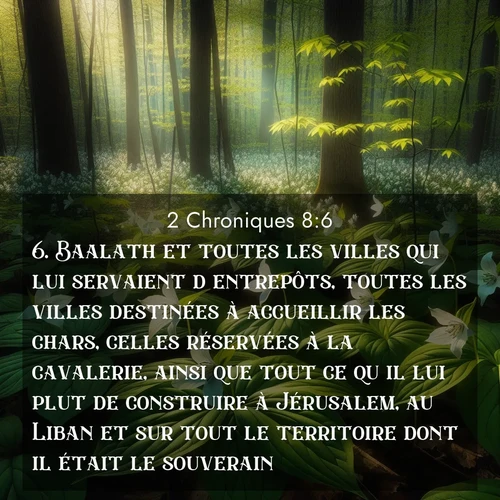 Segond21 2 Chroniques  ; image nature: image avec le verset biblique :Baalath et toutes les villes qui lui servaient d&#039;entrepôts, toutes les villes destinées à accueillir les chars, celles réservées à la cavalerie, ainsi que tout ce qu&#039;il lui plut de construire à Jérusalem, au Liban et sur tout le territoire dont il était le souverain. ;  ; 8:6