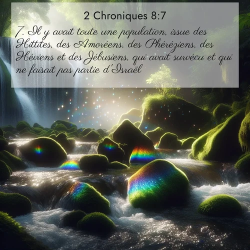 Segond21 2 Chroniques  ; image nature: image avec le verset biblique :Il y avait toute une population, issue des Hittites, des Amoréens, des Phéréziens, des Héviens et des Jébusiens, qui avait survécu et qui ne faisait pas partie d&#039;Israël. ;  ; 8:7