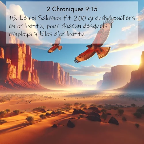 Segond21 2 Chroniques  ; image nature: image avec le verset biblique :Le roi Salomon fit 200 grands boucliers en or battu, pour chacun desquels il employa 7 kilos d&#039;or battu, ;  ; 9:15