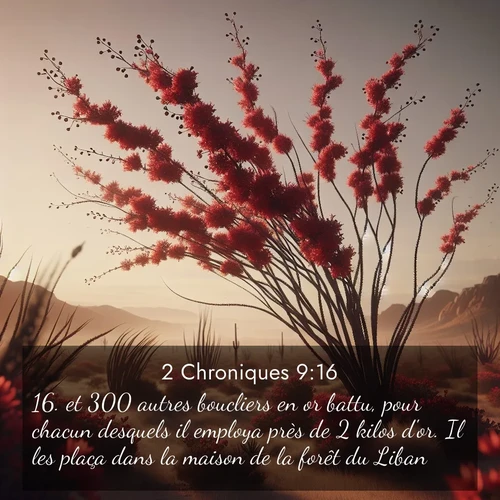 Segond21 2 Chroniques  ; image nature: image avec le verset biblique :et 300 autres boucliers en or battu, pour chacun desquels il employa près de 2 kilos d&#039;or. Il les plaça dans la maison de la forêt du Liban. ;  ; 9:16
