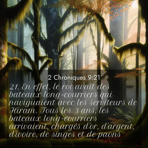 Segond21 2 Chroniques  ; image nature: image avec le verset biblique :En effet, le roi avait des bateaux long-courriers qui naviguaient avec les serviteurs de Hiram. Tous les 3 ans, les bateaux long-courriers arrivaient, chargés d&#039;or, d&#039;argent, d&#039;ivoire, de singes et de paons. ;  ; 9:21