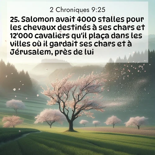 Segond21 2 Chroniques  ; image nature: image avec le verset biblique :Salomon avait 4000 stalles pour les chevaux destinés à ses chars et 12&#039;000 cavaliers qu&#039;il plaça dans les villes où il gardait ses chars et à Jérusalem, près de lui. ;  ; 9:25