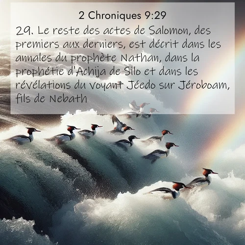 Segond21 2 Chroniques  ; image nature: image avec le verset biblique :Le reste des actes de Salomon, des premiers aux derniers, est décrit dans les annales du prophète Nathan, dans la prophétie d&#039;Achija de Silo et dans les révélations du voyant Jéedo sur Jéroboam, fils de Nebath. ;  ; 9:29