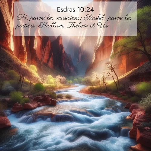 Segond21 Esdras  ; image nature: image avec le verset biblique :parmi les musiciens: Eliashib; parmi les portiers: Shallum, Thélem et Uri. ;  ; 10:24