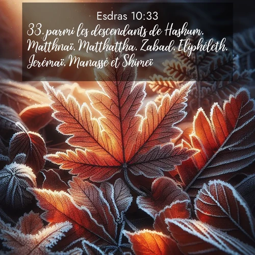 Segond21 Esdras  ; image nature: image avec le verset biblique :parmi les descendants de Hashum, Matthnaï, Matthattha, Zabad, Eliphéleth, Jerémaï, Manassé et Shimeï; ;  ; 10:33