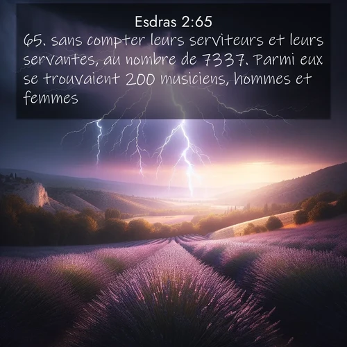 Segond21 Esdras  ; image nature: image avec le verset biblique :sans compter leurs serviteurs et leurs servantes, au nombre de 7337. Parmi eux se trouvaient 200 musiciens, hommes et femmes. ;  ; 2:65