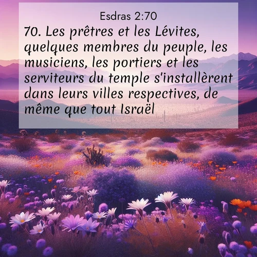Segond21 Esdras  ; image nature: image avec le verset biblique :Les prêtres et les Lévites, quelques membres du peuple, les musiciens, les portiers et les serviteurs du temple s&#039;installèrent dans leurs villes respectives, de même que tout Israël. ;  ; 2:70