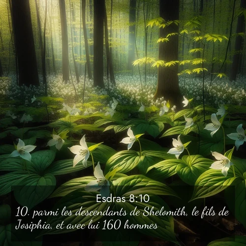 Segond21 Esdras  ; image nature: image avec le verset biblique :parmi les descendants de Shelomith, le fils de Josiphia, et avec lui 160 hommes; ;  ; 8:10